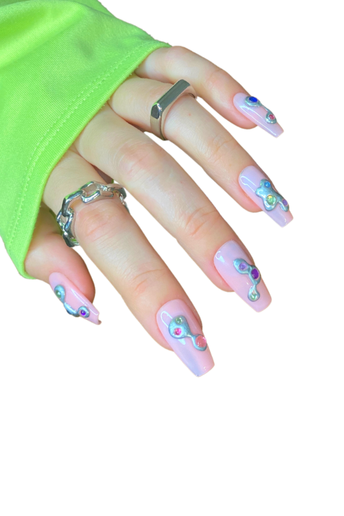 Press On Nails, 3D Nails, 3d Nail Art, Gem Nails, Silver Chrome Nails, Galaxy Nails
